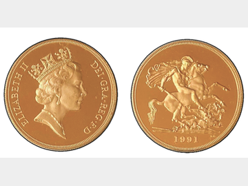 1991 QUEEN ELIZABETH II GOLD PROOF FIVE POUND