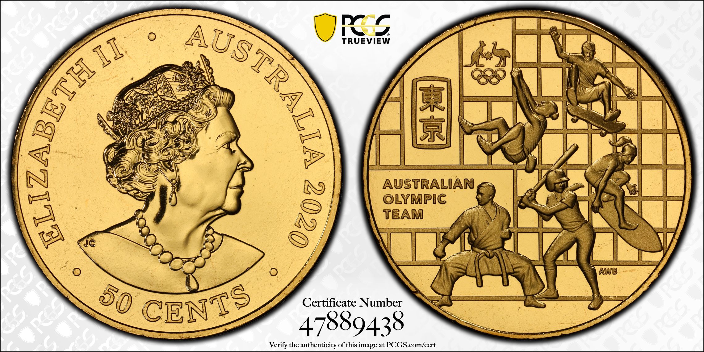 404 · Australian Olympic Team Gilt-CuNi , Fifty Cent, 2020, PCGS MS67