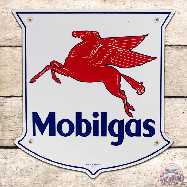 Exceptional NOS Mobilgas Gasoline Single Sided Porcelain Pump Plate Sign w/ Pegasus
