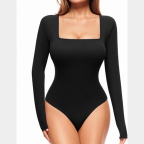 ALGALAROUND WOMEN'S SQUARE NECK SHORT SLEEVE LONG SLEEVE BODYSUITS BASIC SLIM FIT TOPS BLACK, SMALL