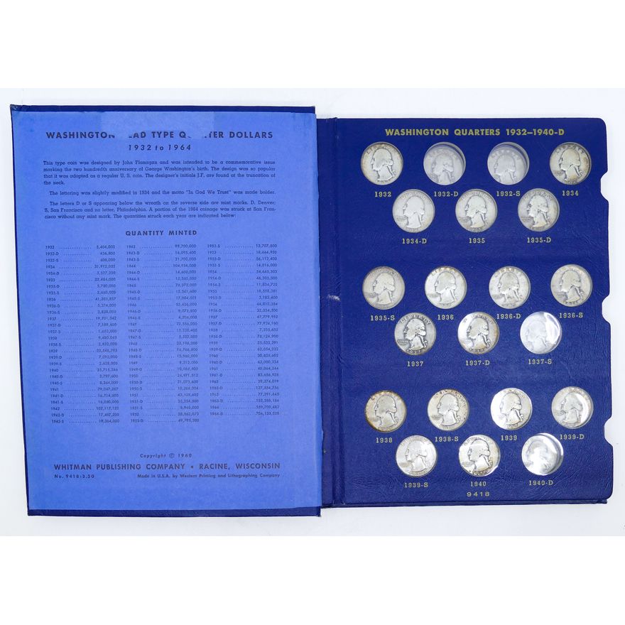 US Washington Silver Quarters 1932-64 Whitman Book 80pc