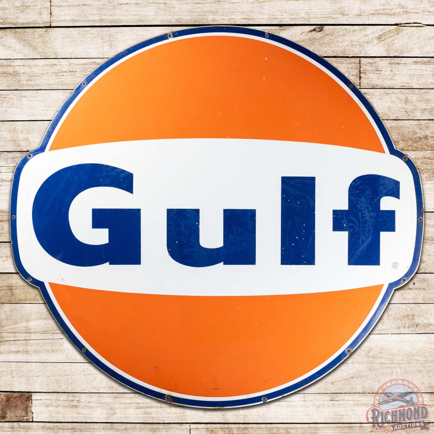 1964 Gulf Gasoline Die Cut 6' SS Porcelain ID Sign w/ Ears