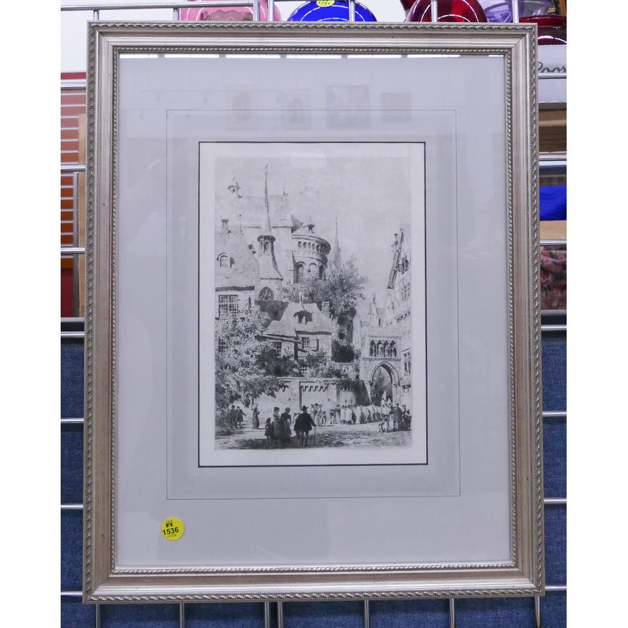 European Cathedral Scene Etching Framed- 19x15''