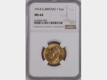 1914 GEORGE V LONDON MINT GOLD SOVEREIGN MS64