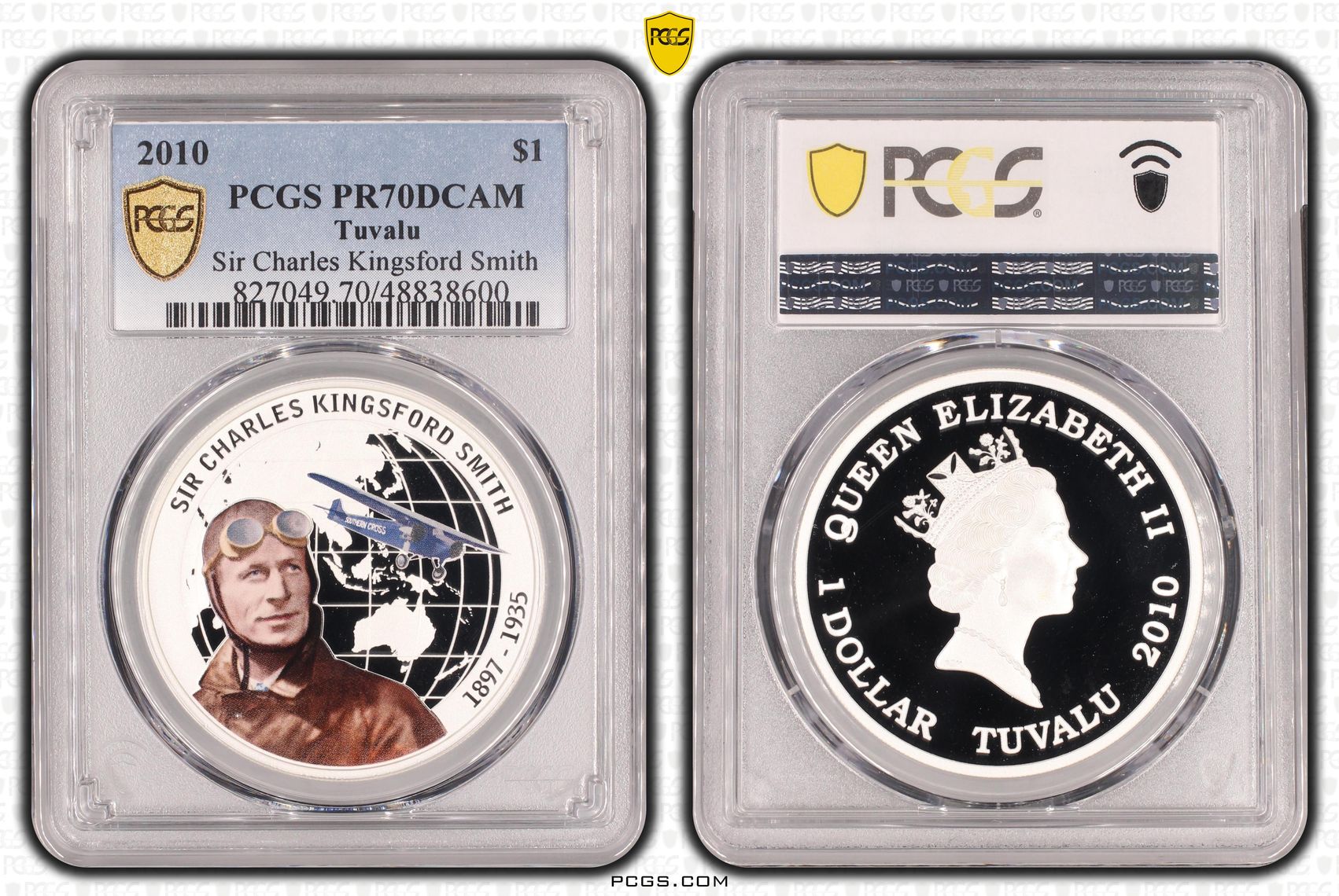 Tuvalu, Sir Charles Kingsford Smith, POP 2/0, One Dollar, 2010, PCGS PR70DCAM
