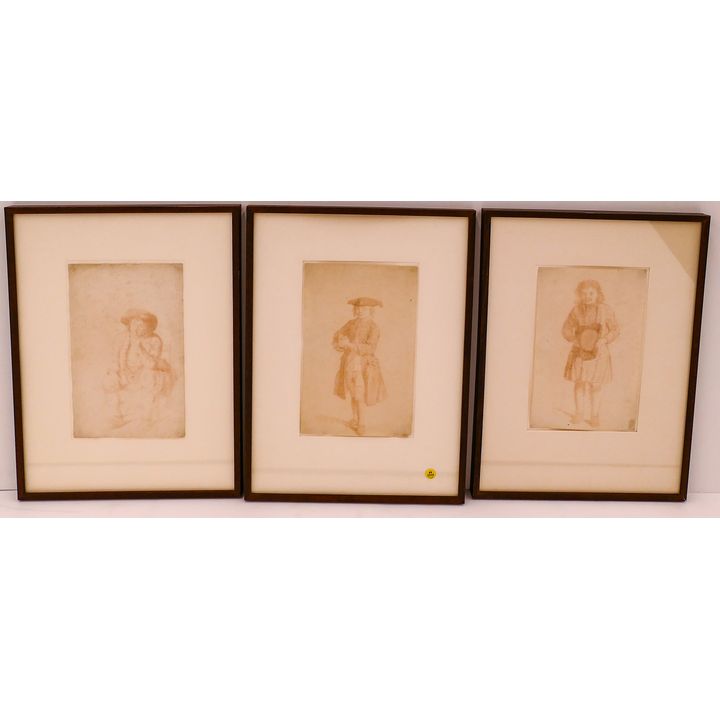 3pc European 17th Century Conte Crayon Male Figure Drawings Framed- 23x17''