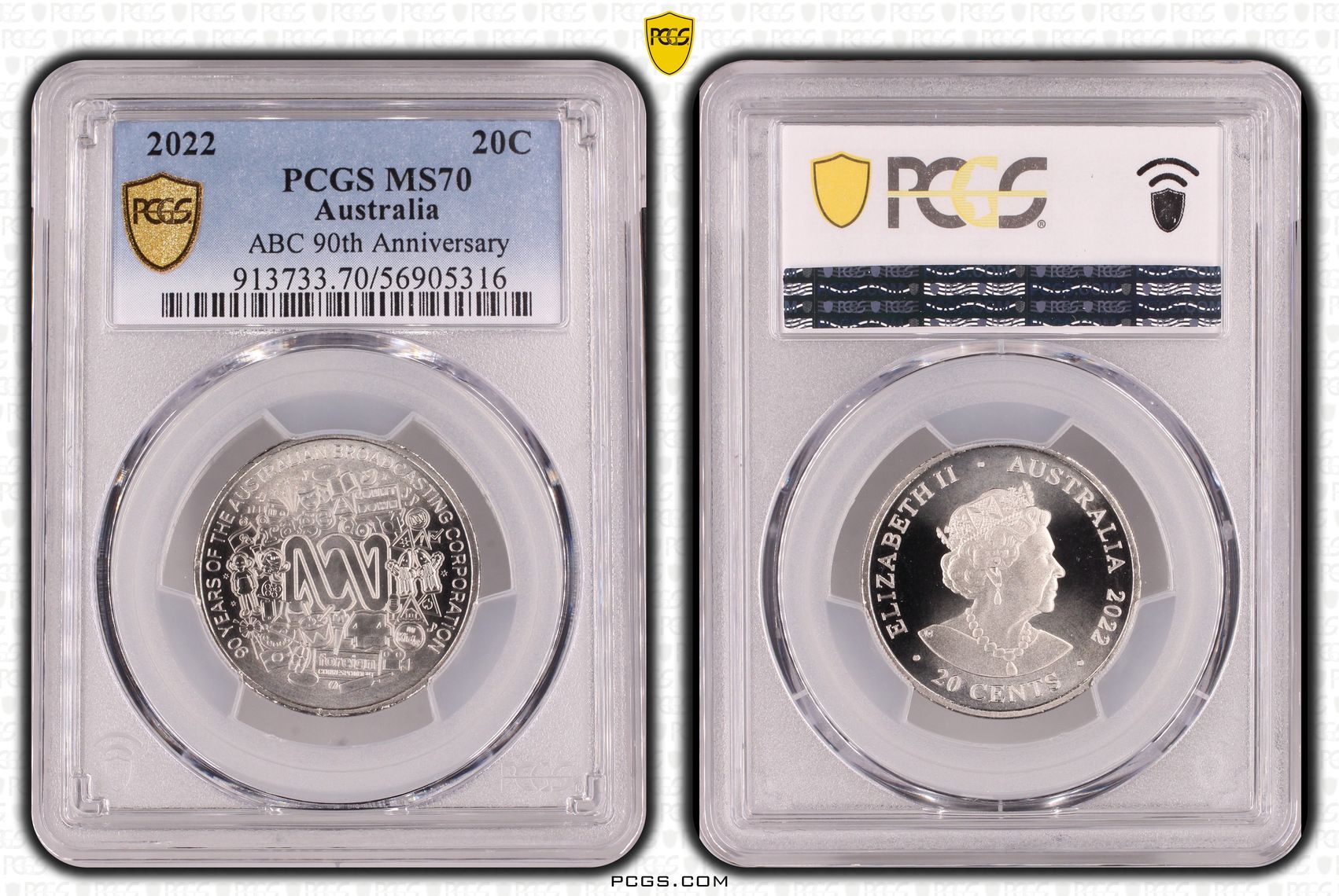 ABC 90th Anniversary, Twenty Cent, 2022, PCGS MS70