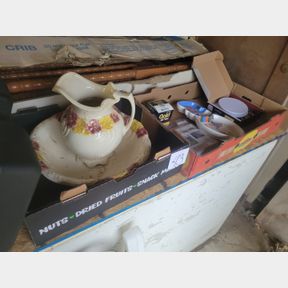 2 boxes, water pitcher kitchen scales, other misc.
