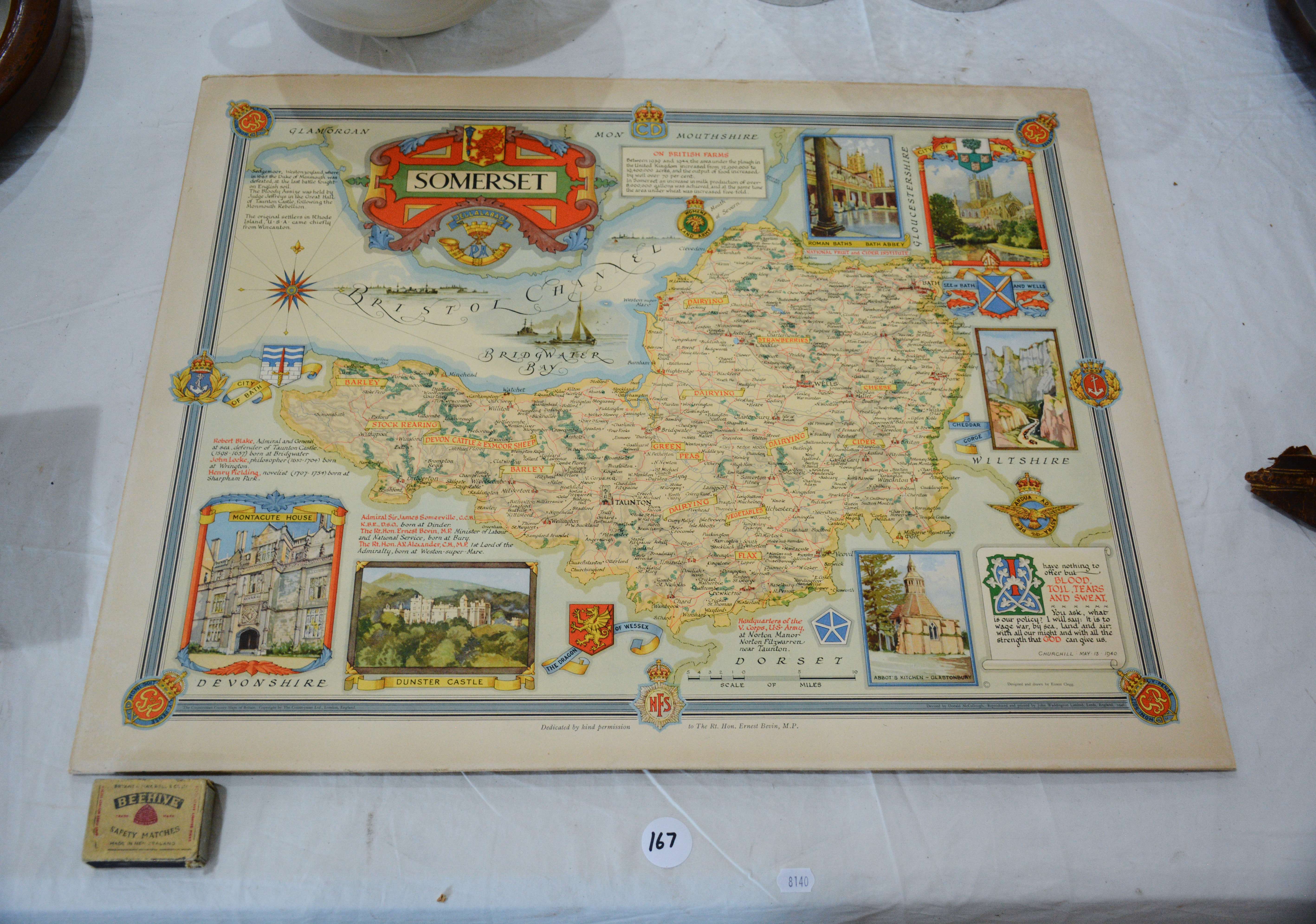 Vintage UK Somerset Map w Farming Knowledge — sold at auction in New Zealand for $20