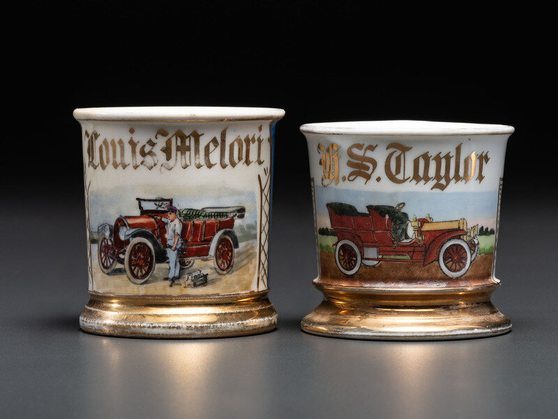 Two Automobile Related Porcelain Shaving Mugs