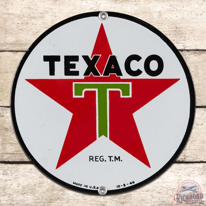 Exceptional 1946 Texaco Motor Oils 8" Single Sided Porcelain Sign "White T"