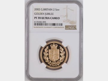 2002 QEII 'ONE YEAR TYPE' SHIELD PROOF GOLD 2 POUND COIN PF70 UCAM TOP POP!