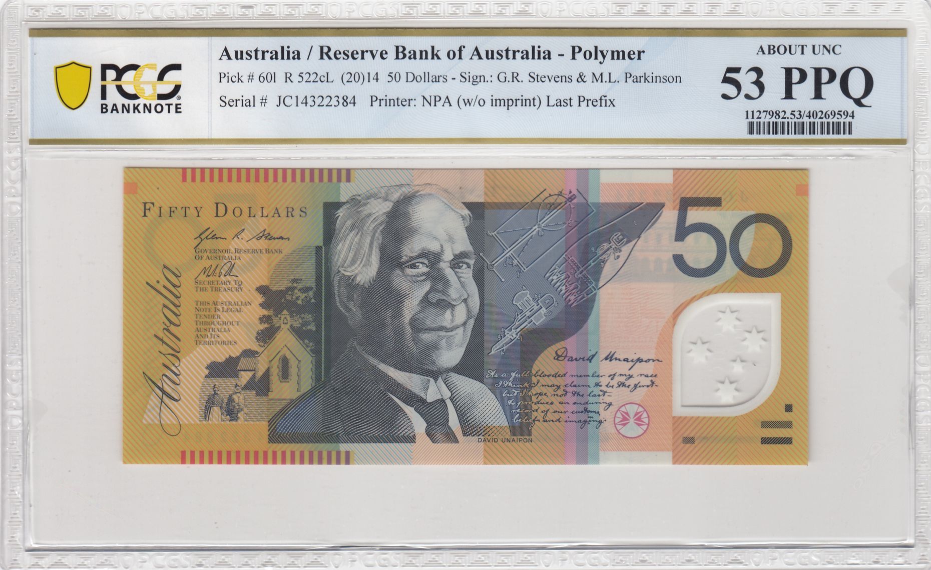 2014 Australia $50 Banknote Stevens/Parkinson Last Prefix About UNC 53 PPQ PCGS