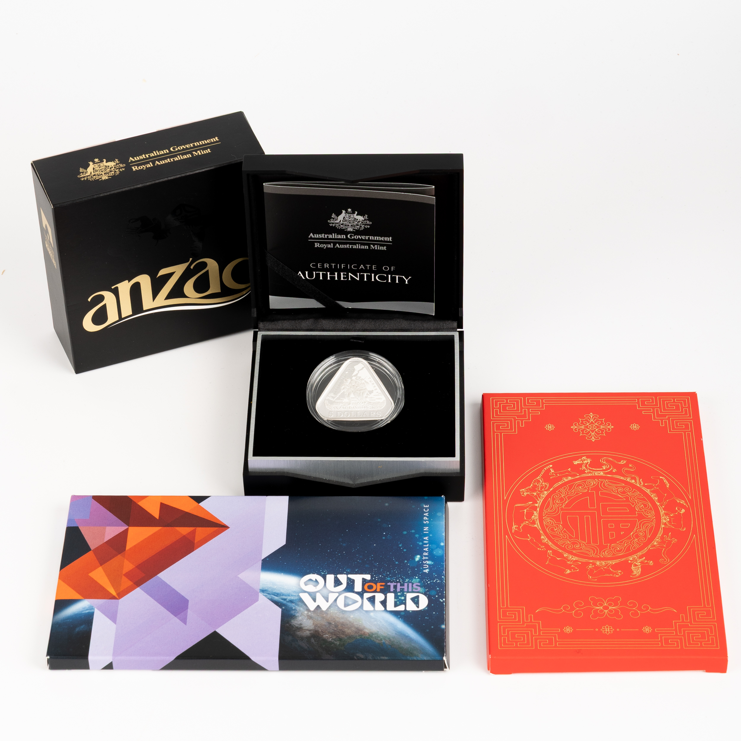 Elizabeth II, RAM - ANZAC Centenary & Moon to Mars & Year of the Dragon, One Dollar - Five Dollars, 2015, 2024, UNC - FDC