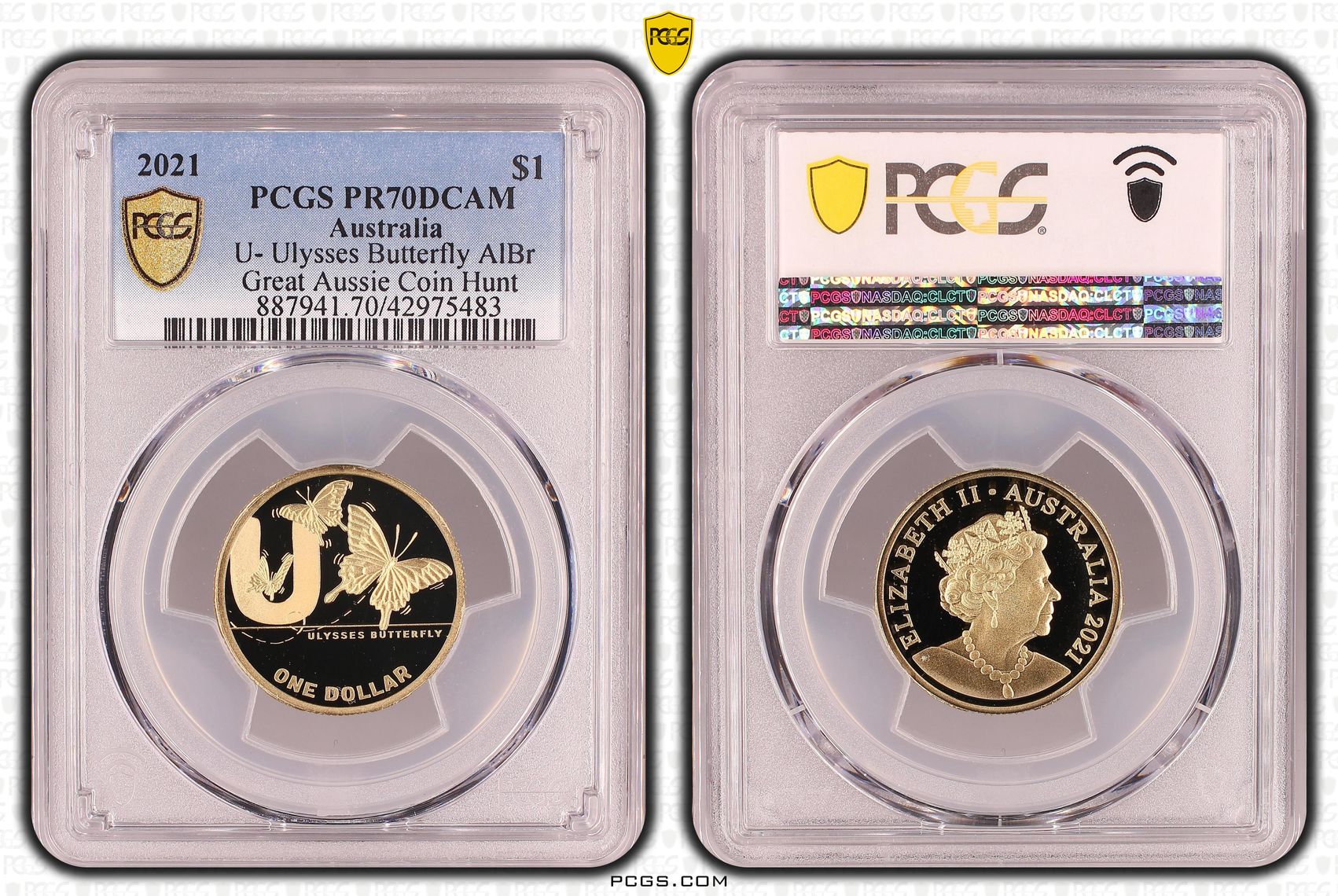 493 · 2021 Australia One Dollar, $1 U- Ulysses Butterfly AlBr PCGS - PR70DCAM POP 16/0 -483