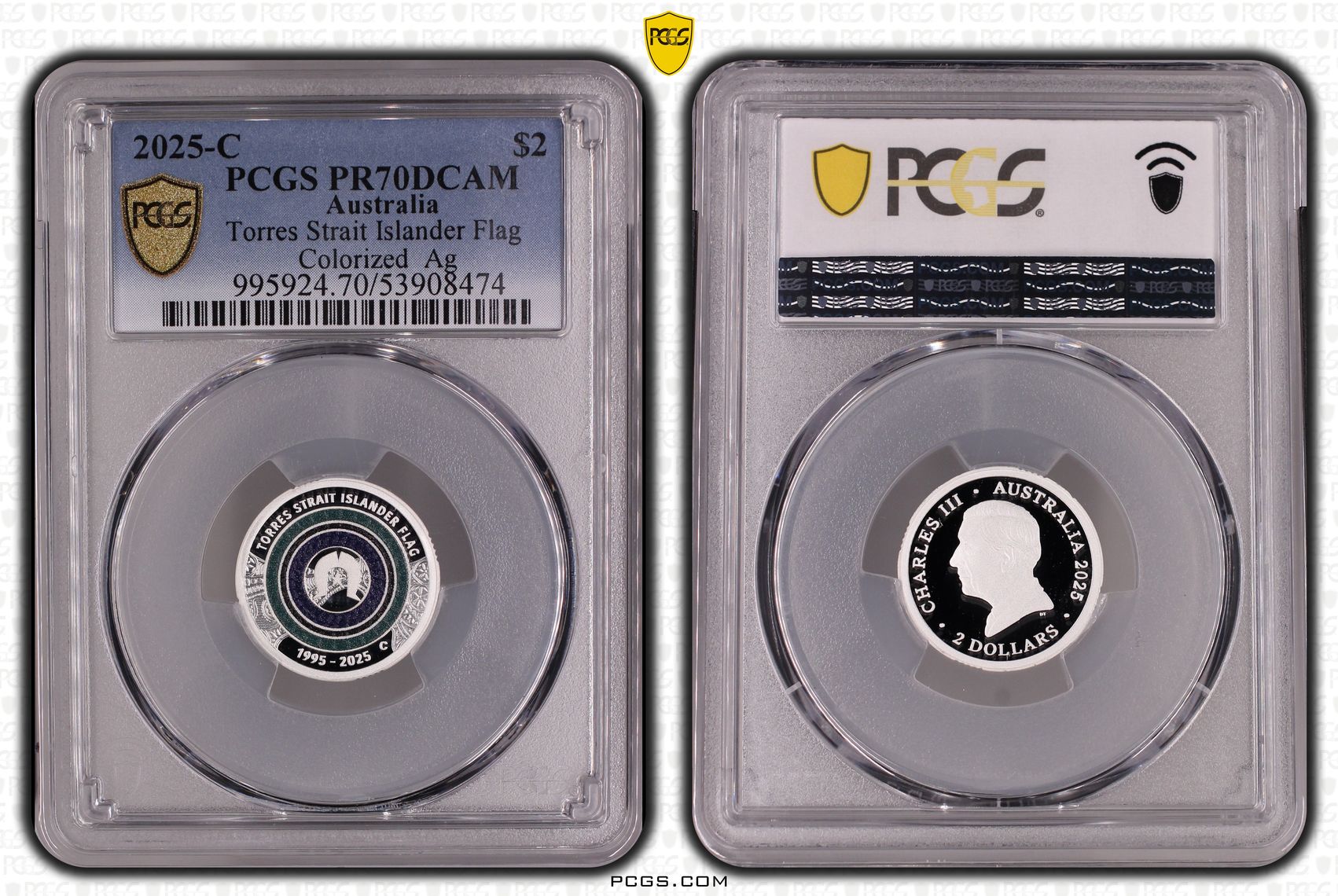 Charles III, Torres Strait Islander Flag Colourised Silver, Two Dollar, 2025-C, PCGS PR70DCAM