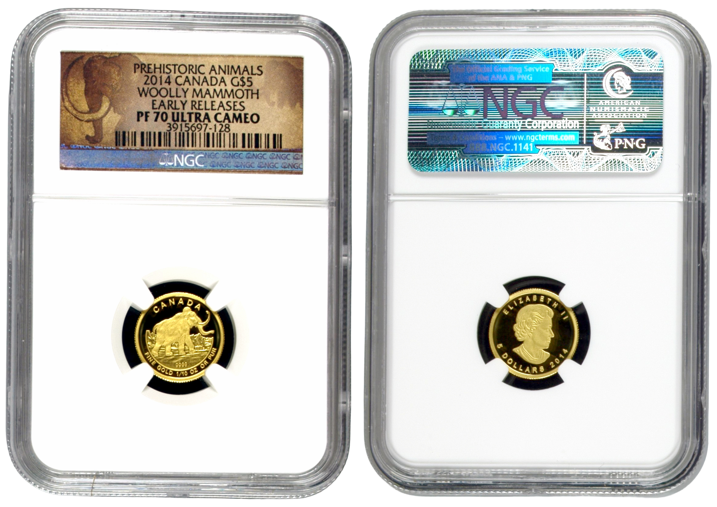 Canada, Elizabeth II, Prehistoric Animals, Woolly Mammoth, Early Releases, Five Dollars, 2014, NGC PF70 Ultra Cameo