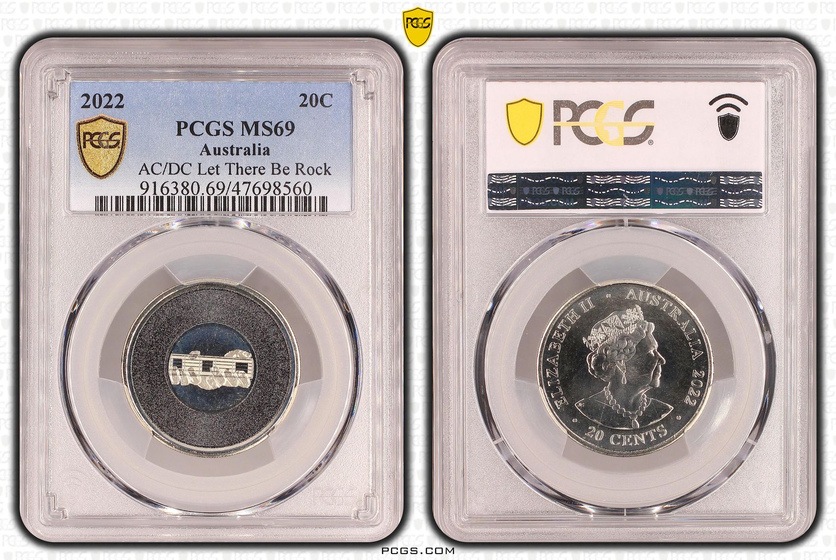 Elizabeth II, AC/DC Let There Be Rock, Pop 12/0, Twenty Cent, 2022, PCGS MS69