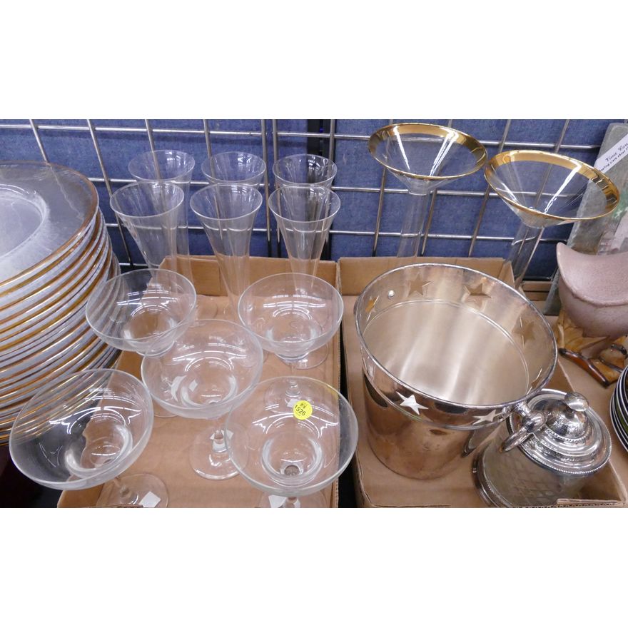 2 Boxes Crate & Barrel Clear Glass Stemware, SP Wine Bucket, Etc