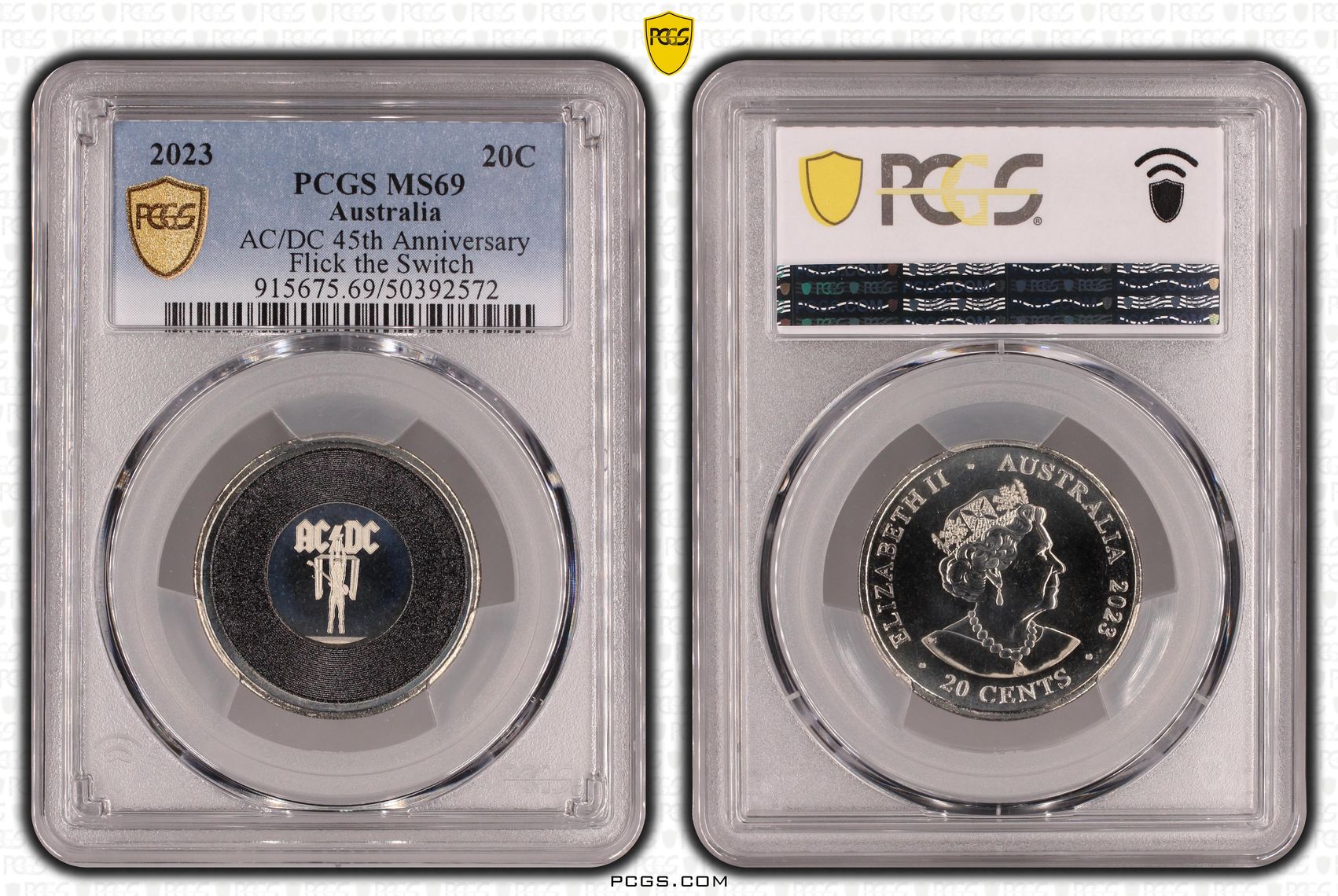 AC/DC 45th Anniversary - Flick the Switch POP 23/0, Twenty Cent, 2023, PCGS MS69