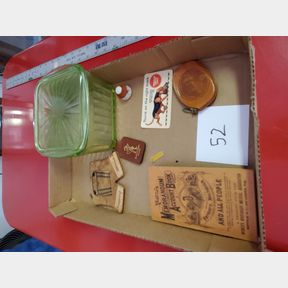 Green Depression Glass container, other paper items