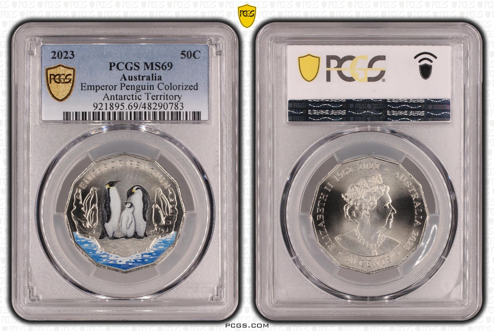 Emperor Penguin Colourised Antarctic Territory, Fifty Cent, 2023, PCGS MS69