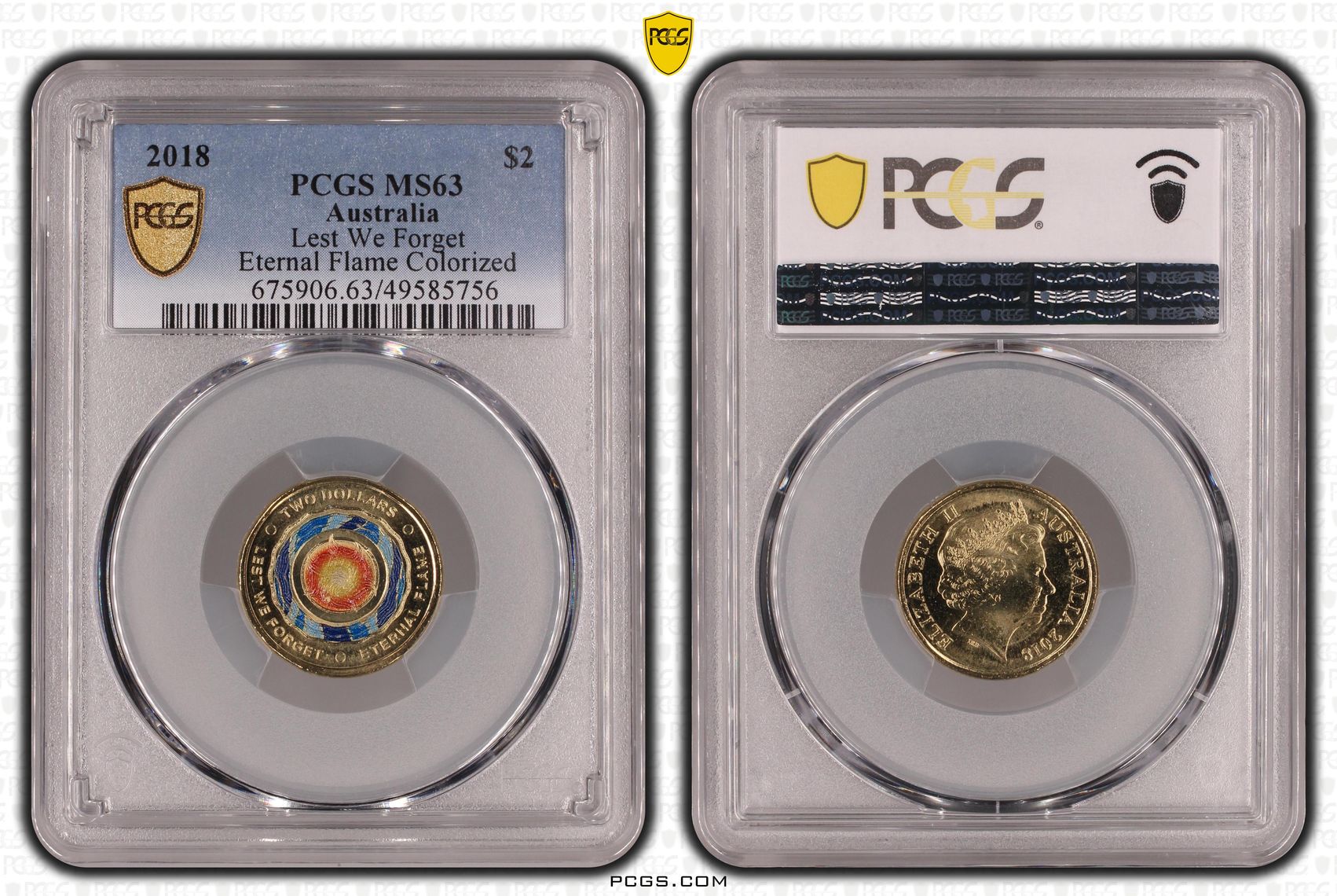 Elizabeth II, Lest We Forget - Eternal Flame Colorized , Two Dollar, 2018, PCGS MS63