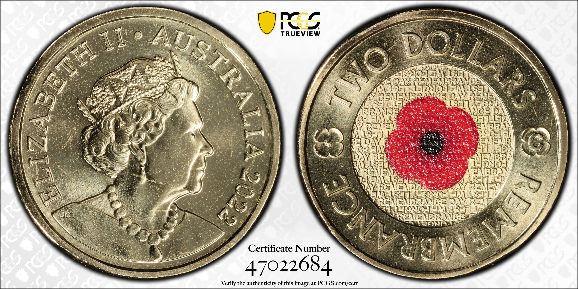 Elizabeth II, Remembrance Day Colorized , Two Dollar, 2022-C, PCGS MS67