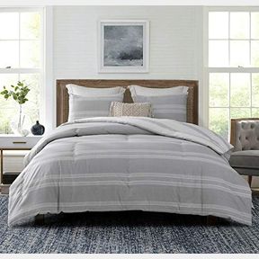QUEEN SLEEPBELLA COMFORTER QUEEN SIZE, 600 THREAD COUNT COTTON LIGHT GRAY & WHITE STRIPES REVERSIBLE PATTERN GREY COMFORTER SETS,D