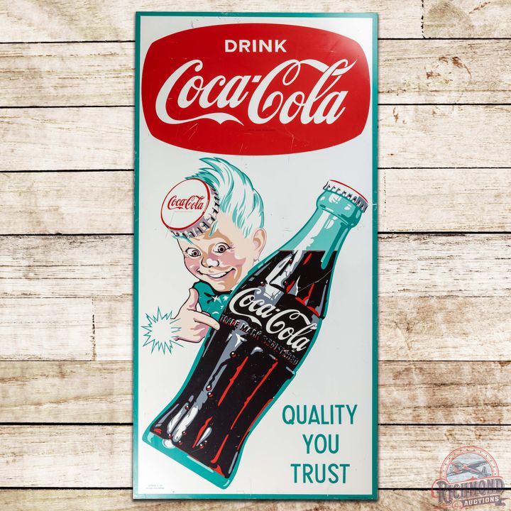 Scarce Drink Coca Cola "Quality You Trust" SS Tin Sign w/ Bottle & Sprite Boy