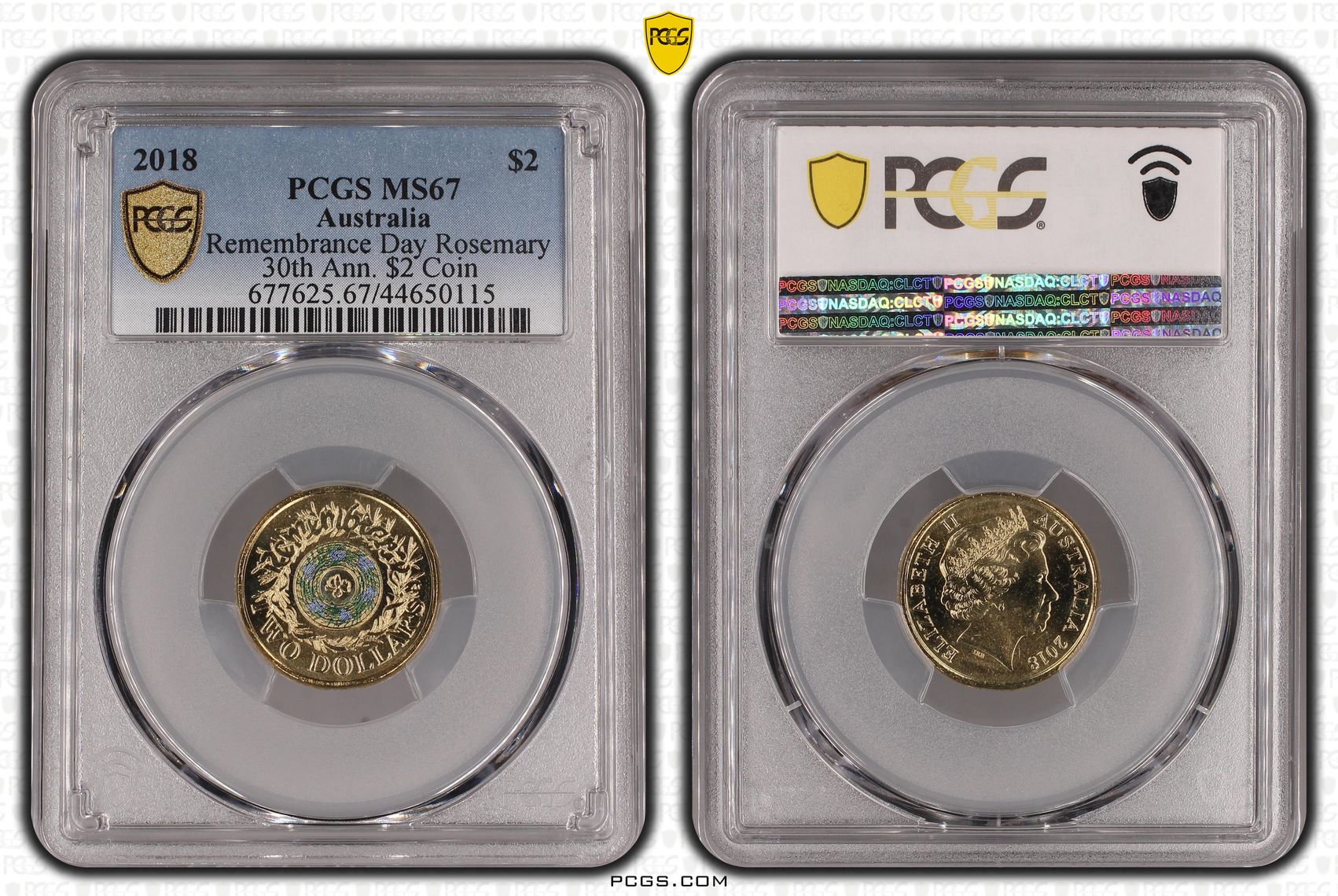 2018 Australia Two Dollar, $2 Remembrance Day Rosemary 30th Ann. $2 Coin PCGS - MS67 -115
