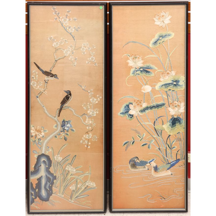 2pc Chinese Silk Embroidered Panels Framed
