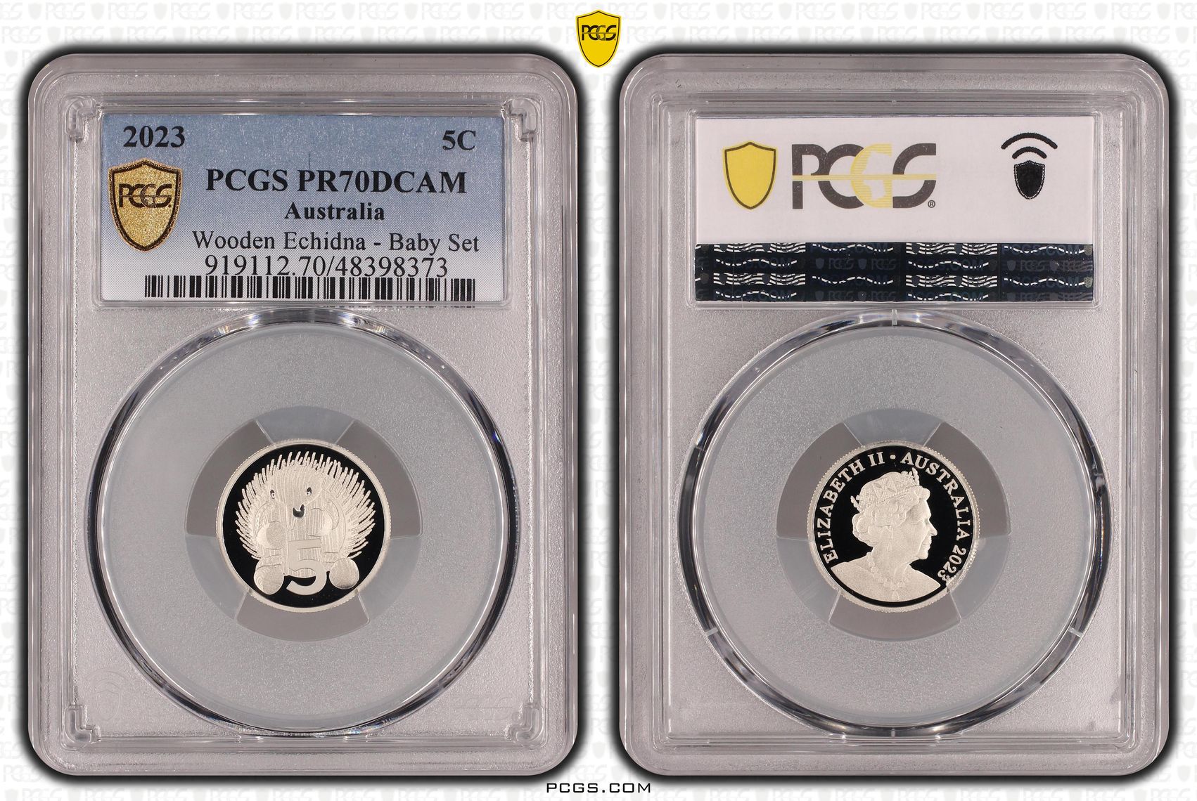 Elizabeth II, Wooden Echidna - Baby Set, Five Cent, 2023, PCGS PR70DCAM