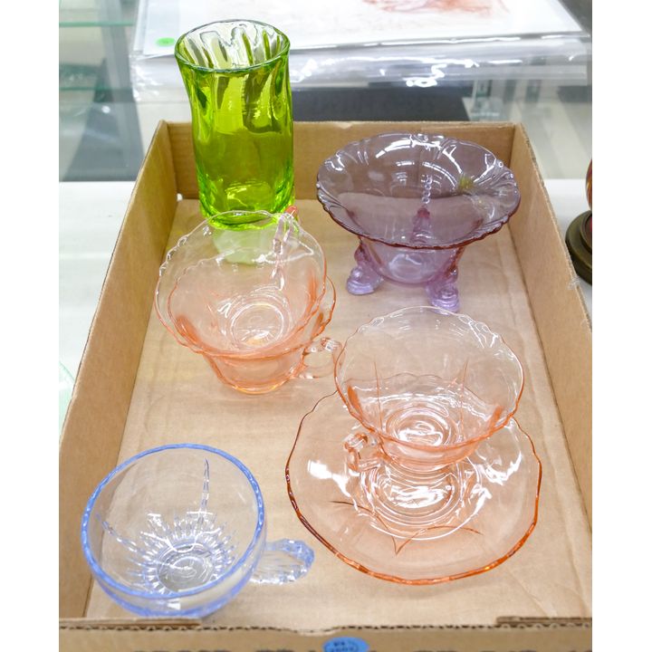 Box 6pc Vintage Colored Glass Tea Cups etc.