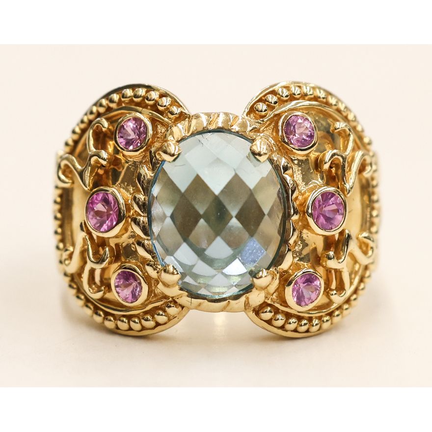 Ladies 14k Blue Topaz Pink Tourmaline Ring