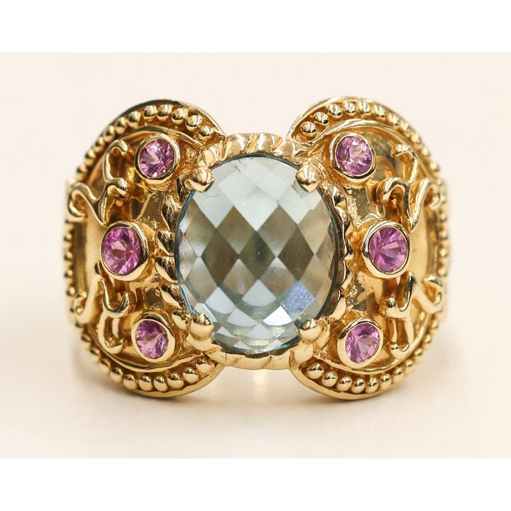 Ladies 14k Blue Topaz Pink Tourmaline Ring