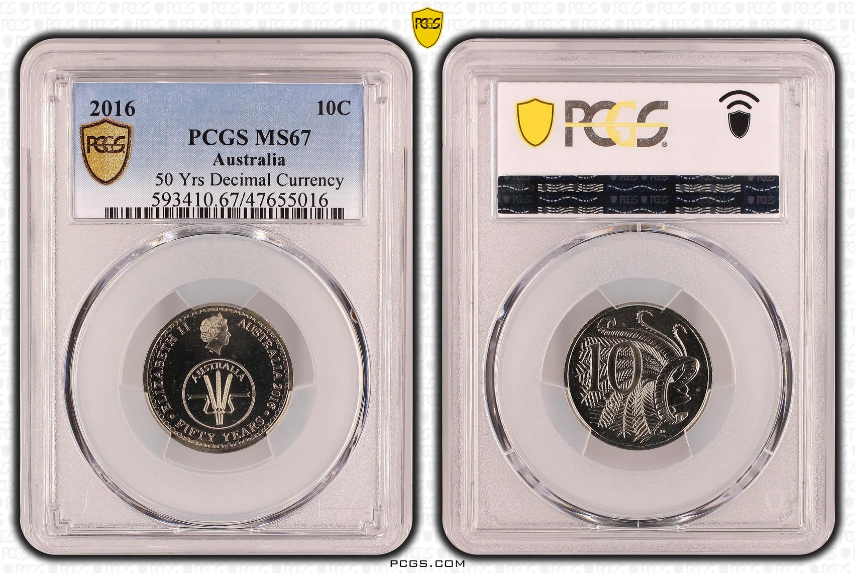 Elizabeth II, 50 Yrs Decimal Currency, Ten Cent, 2016, PCGS MS67