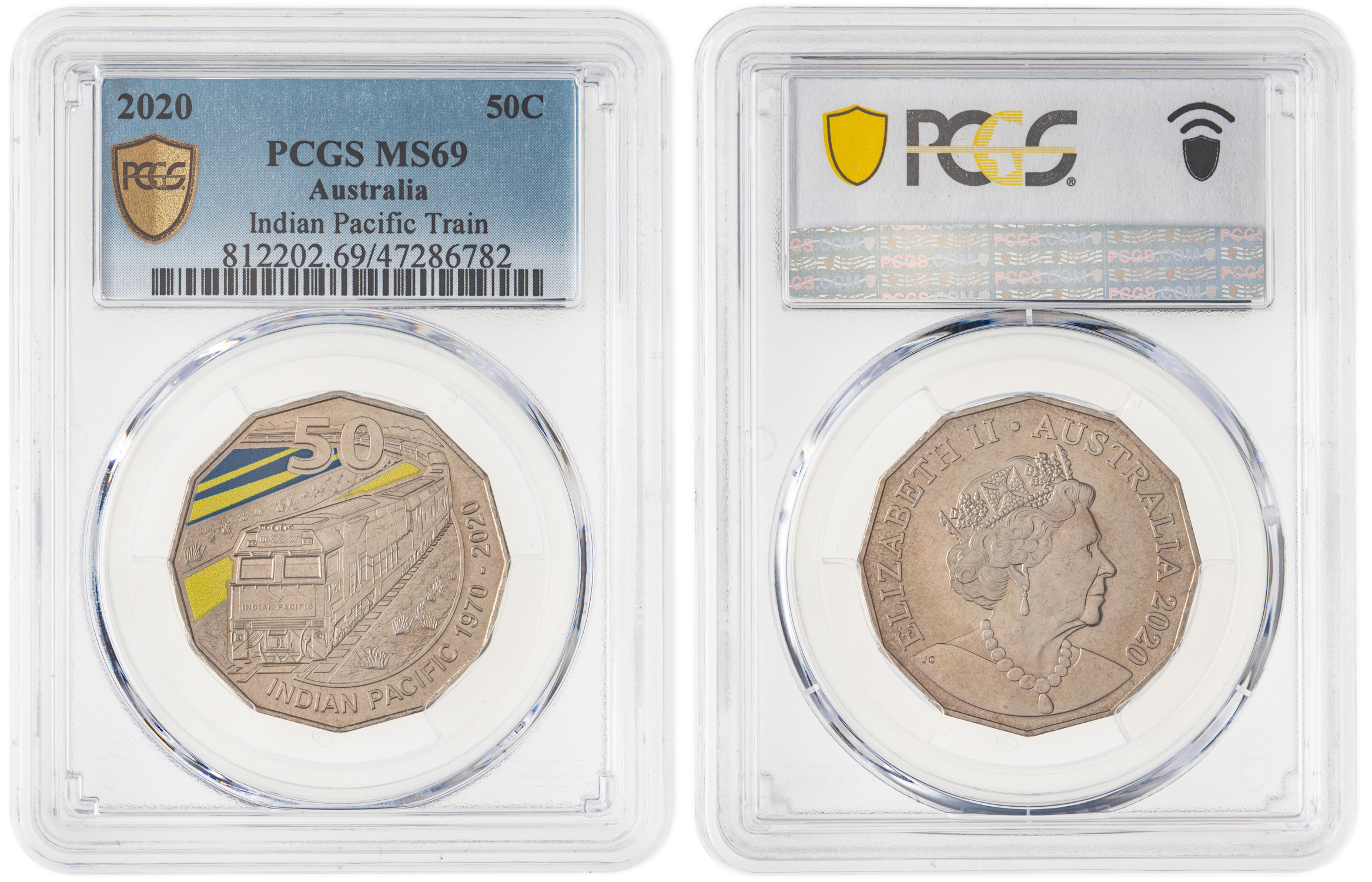 275 · Elizabeth II, Indian Pacific Train, Fifty Cent, 2020, PCGS MS69