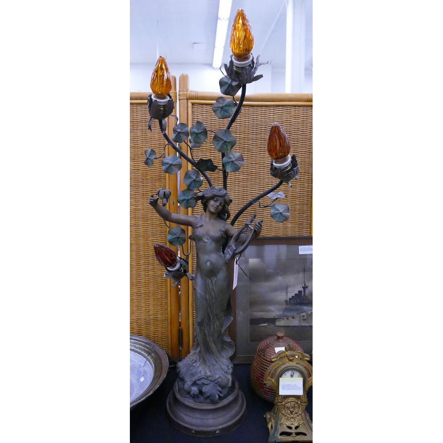 Art Nouveau 'Poesie' Figural Metal Lamp- 34''