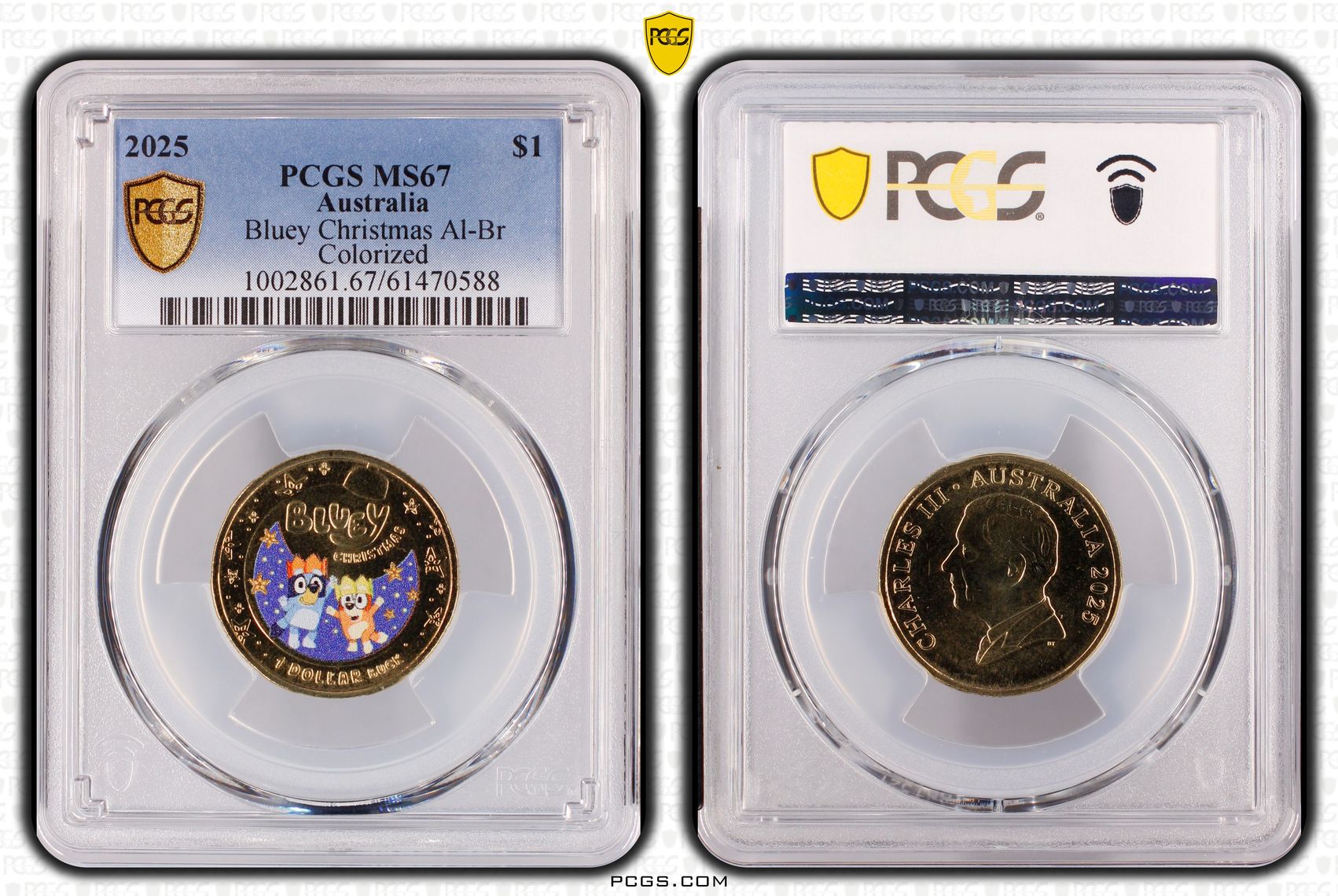 Bluey Christmas AlBr Colourised, One Dollar, 2025, PCGS MS67