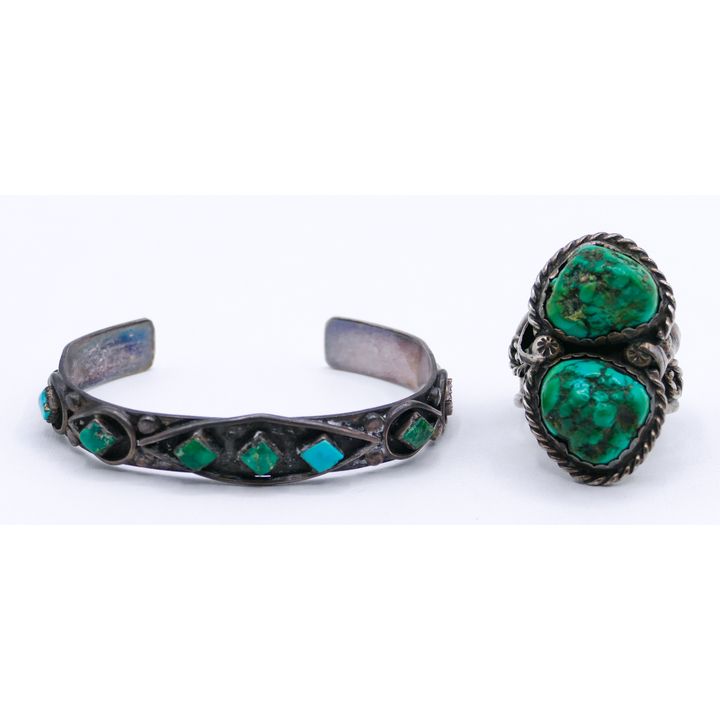 Box Old Navajo Sterling Turquoise Large Ring & Cuff Bracelet - 43 Grams