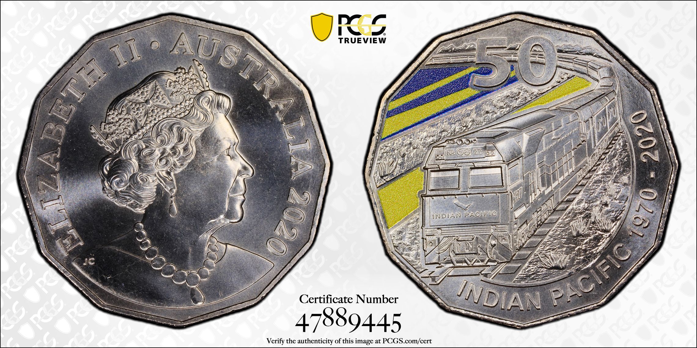 Indian Pacific Train Colorized, Fifty Cent, 2020, PCGS MS69