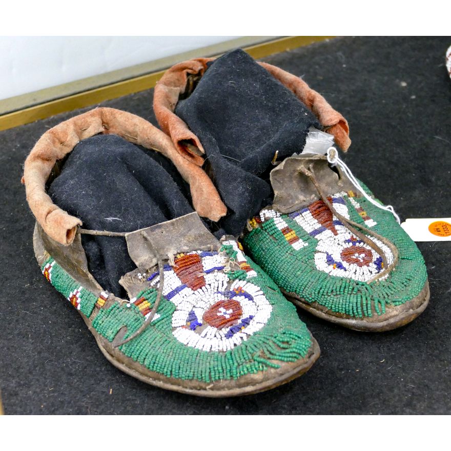 Pair Old Plains Indian Dark Green Beaded Moccasins 11''