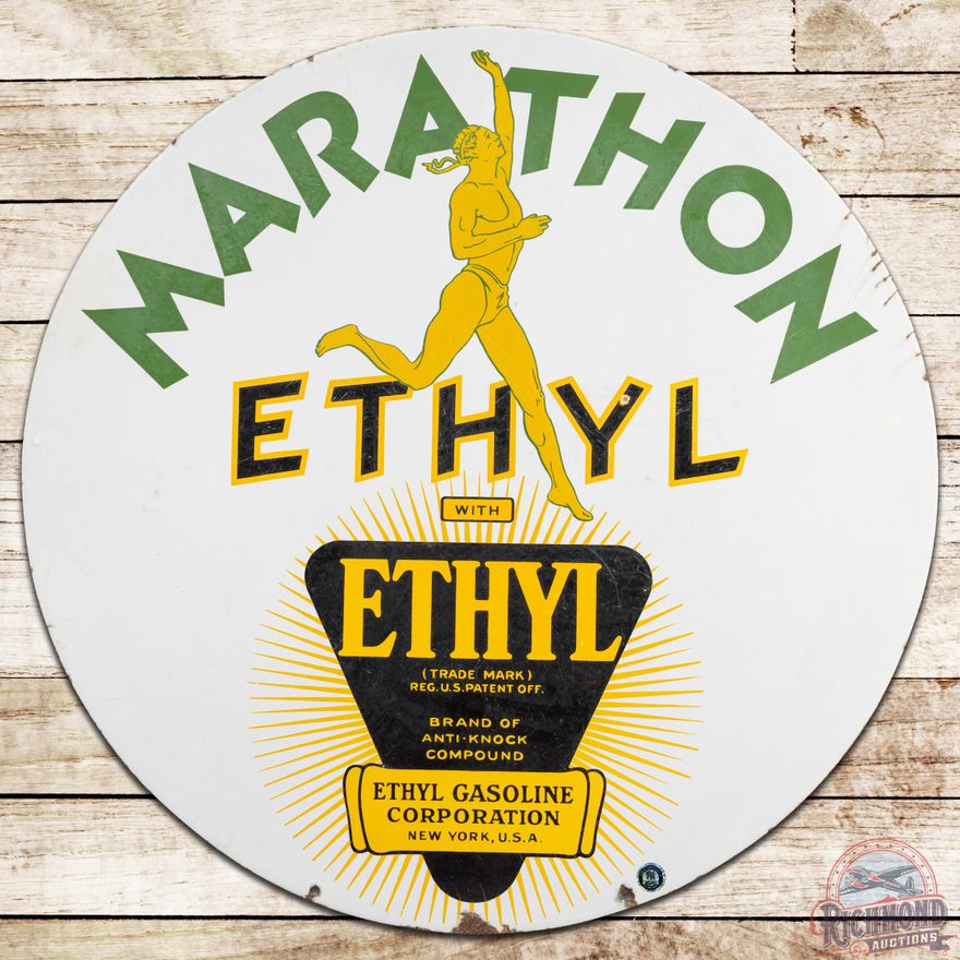 Marathon Ethyl Gasoline 30" DS Porcelain Sign w/ Running Man