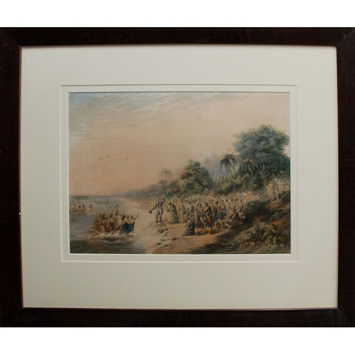 George Baxter 'The Rev. J. Waterhouse superintending the landing of the missionaries...'