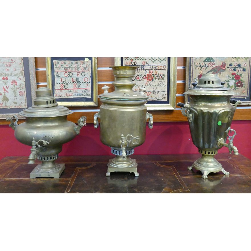 3pc Antique Russian Brass Samovars- 16'' to 19''- some damage