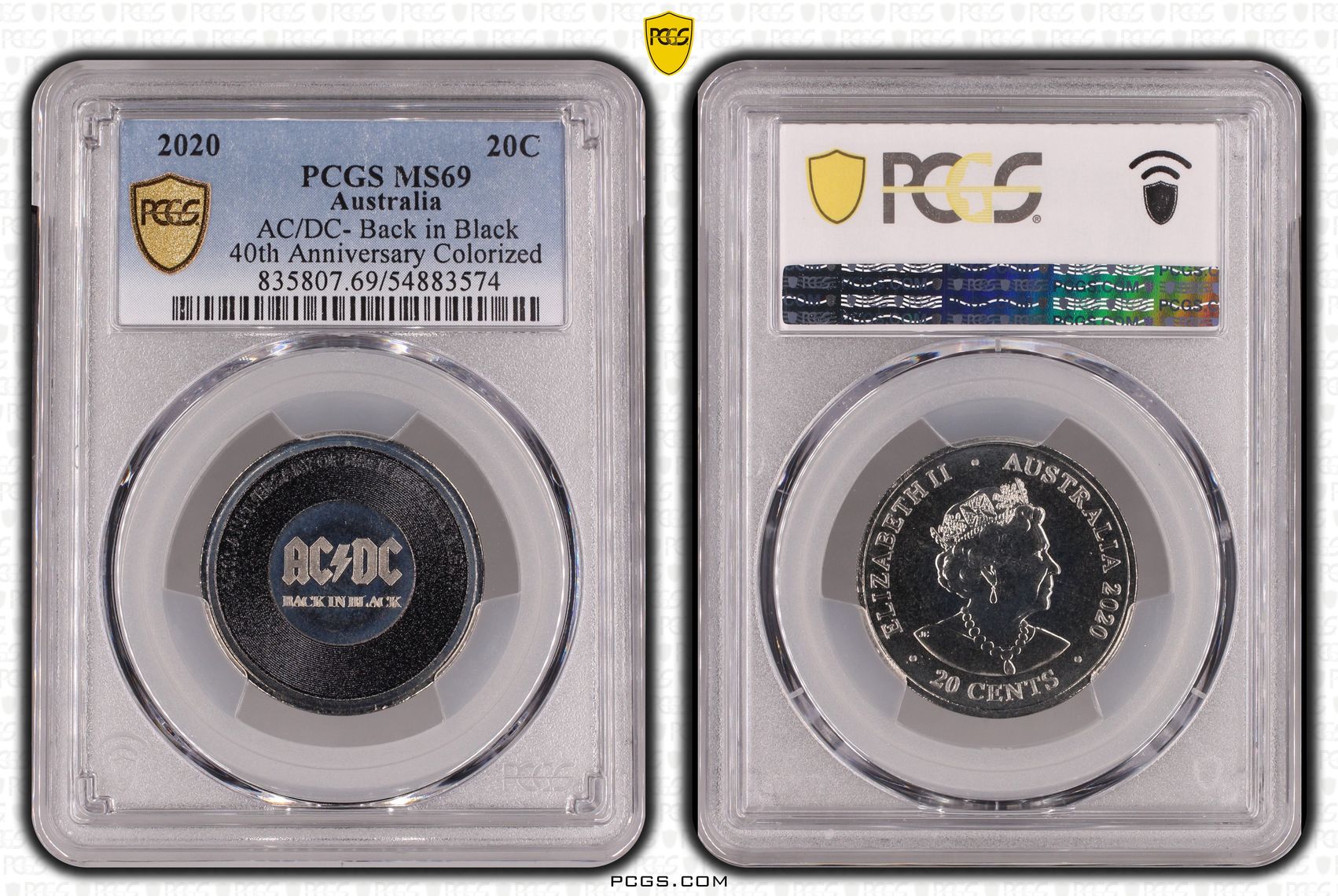 AC/DC- Back in Black 40th Anniversary Colorized, Twenty Cent, 2020, PCGS MS69