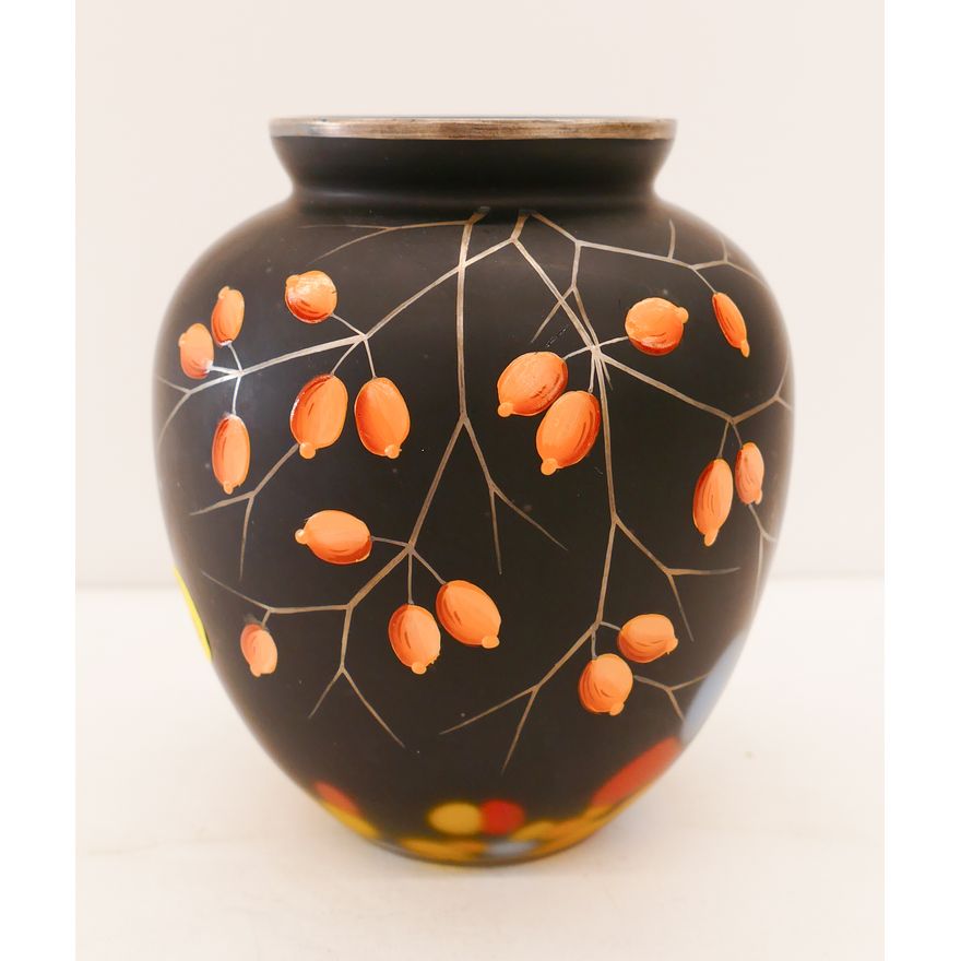 Czech Art Deco Enameled with silver overlay satin Glass Vase- 5''