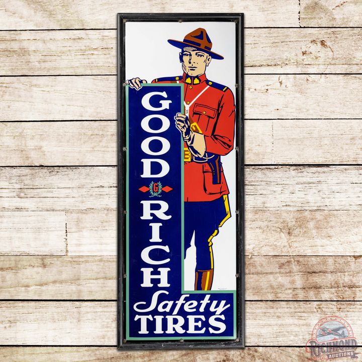 Incredible Goodrich Safety Tires Single Sided Porcelain Sign w/ Mountie