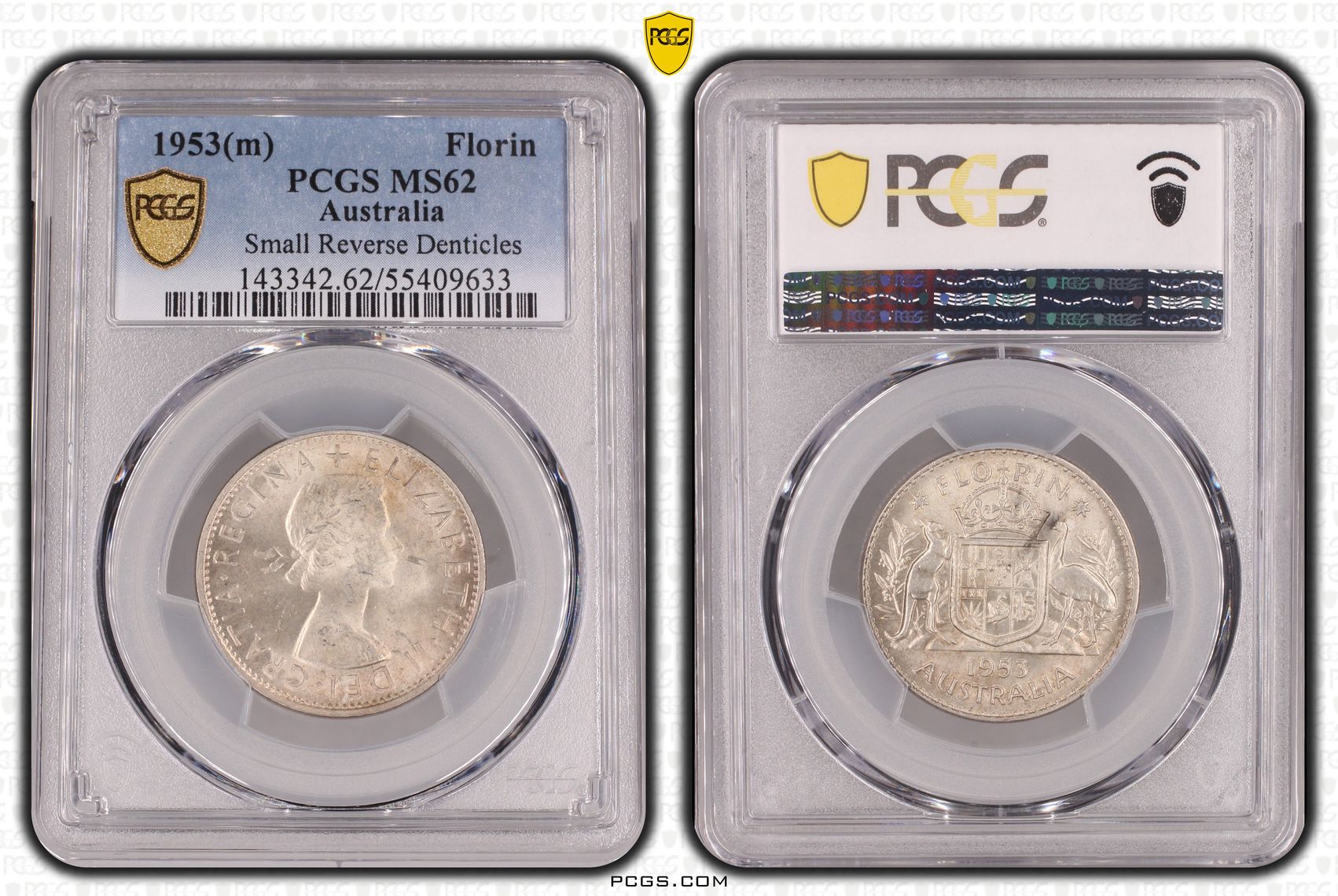 Elizabeth II, Small Reverse Denticles, Florin, 1953(m), PCGS MS62